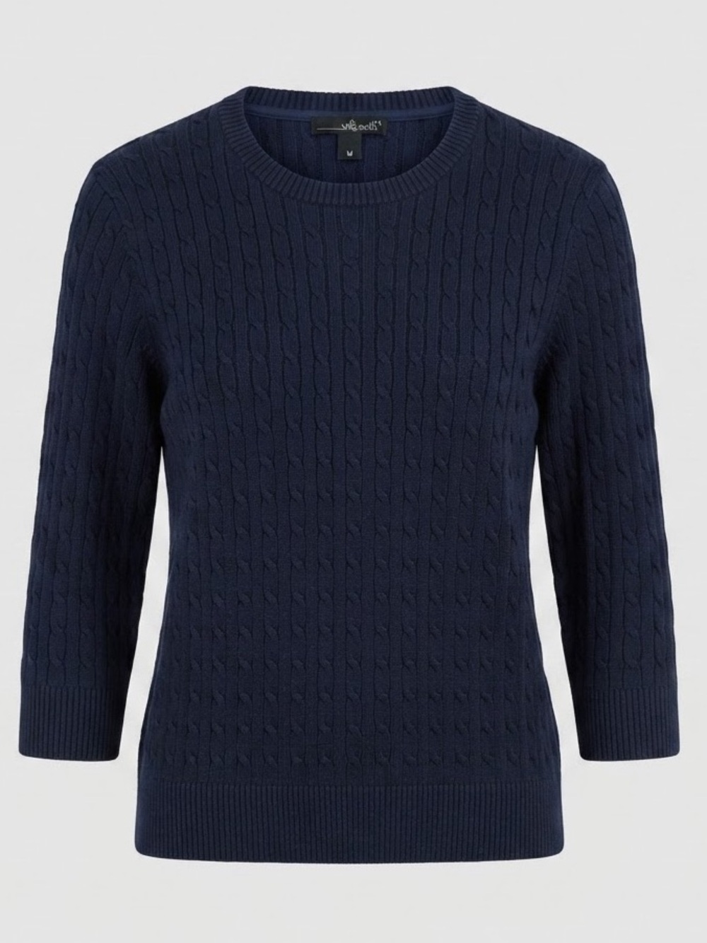 Willi Smith Navy Blue Cable Knit Crewneck Sweater Medium 100% Cotton Preppy Fall